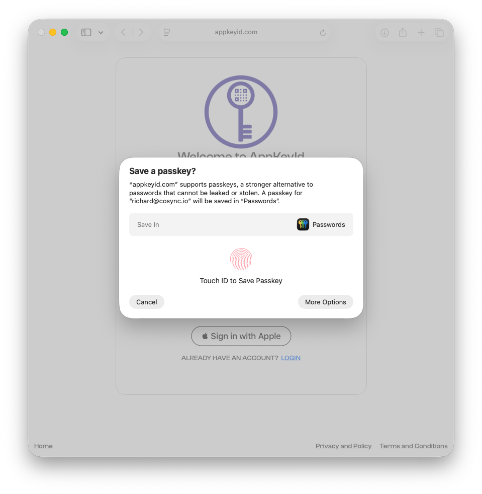 Create your AppKeyId passkey
