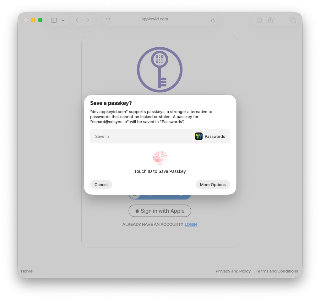 Create your AppKeyId passkey