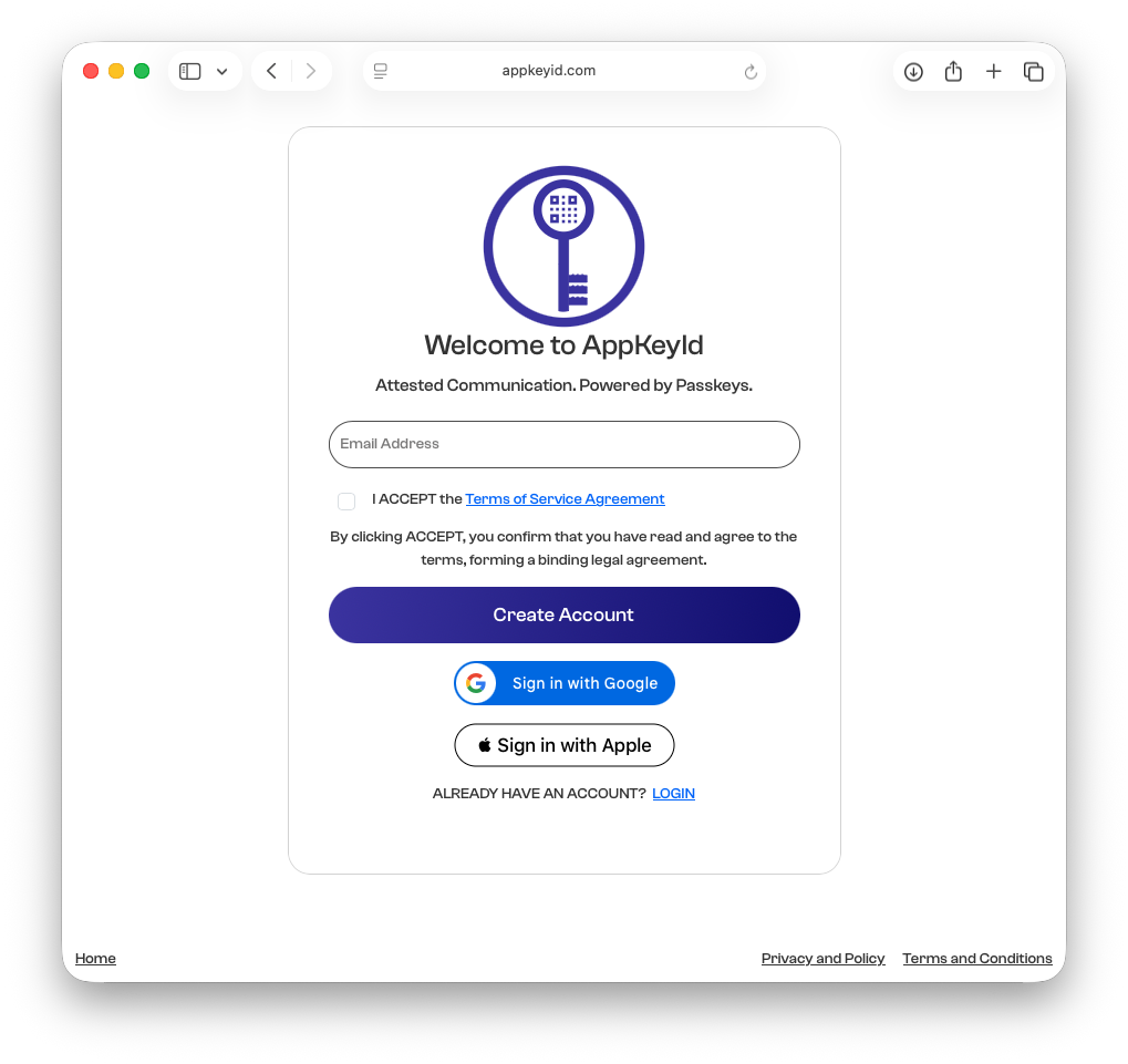 AppKeyId signup page